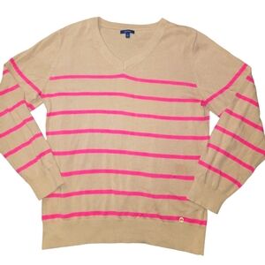 ☆NAUTICA Pink & Brown Striped V-Neck Sweater - Womens Size Large
